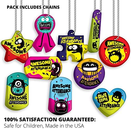 Brag Tags Fun Critters & Monsters Increase Student Attendance Incentives Value Pack: 100 Multicolor, Waterproof Teslin Tags (10 Per Design) + 25 Hypoallergenic, USA-Made, 24" Aluminum Safety Chains