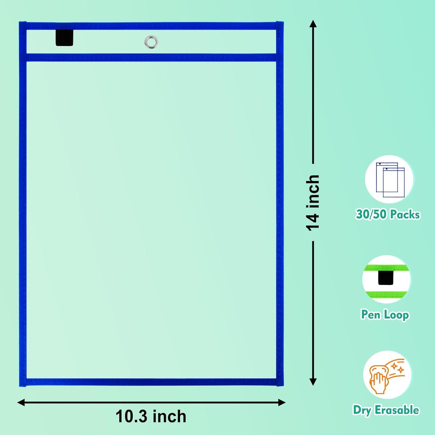 30 Packs Dry Erase Pocket Sleeves with 2-Ring, Reusable Clear Plastic Classroom Sleeves, 10x14 Inch Ticket Holders, for School/Office Organization