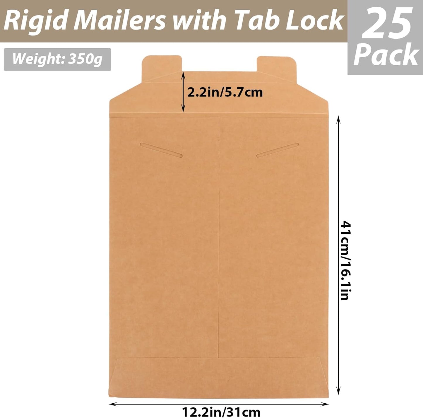 25 Pack 12 x 16 Inch Brown Rigid Mailers, Sturdy Kraft Paper Tab Lock Rigid Mailers, Double Wall Rigid Cardboard Envelopes Mailers for Shipping Photos Documents Gift Cards CDs