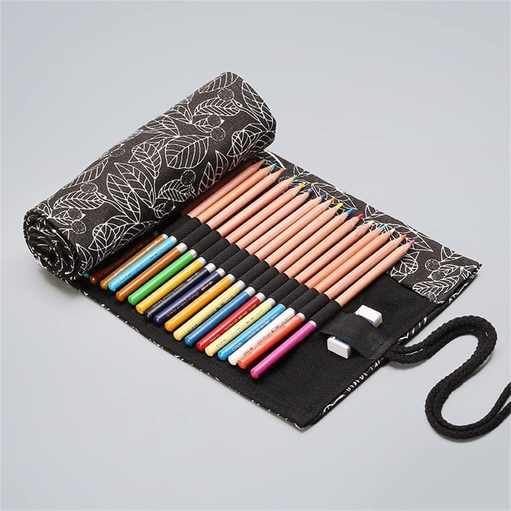 DIYOMR 12/24/36/72 Slots Pencil Wrap Roll, Artist Colored Roll Up Bag, Short Brushes Pouch Case Organizer for Drawing Coloring and Sketching, No Pencils (Black Leaves, 12slots)