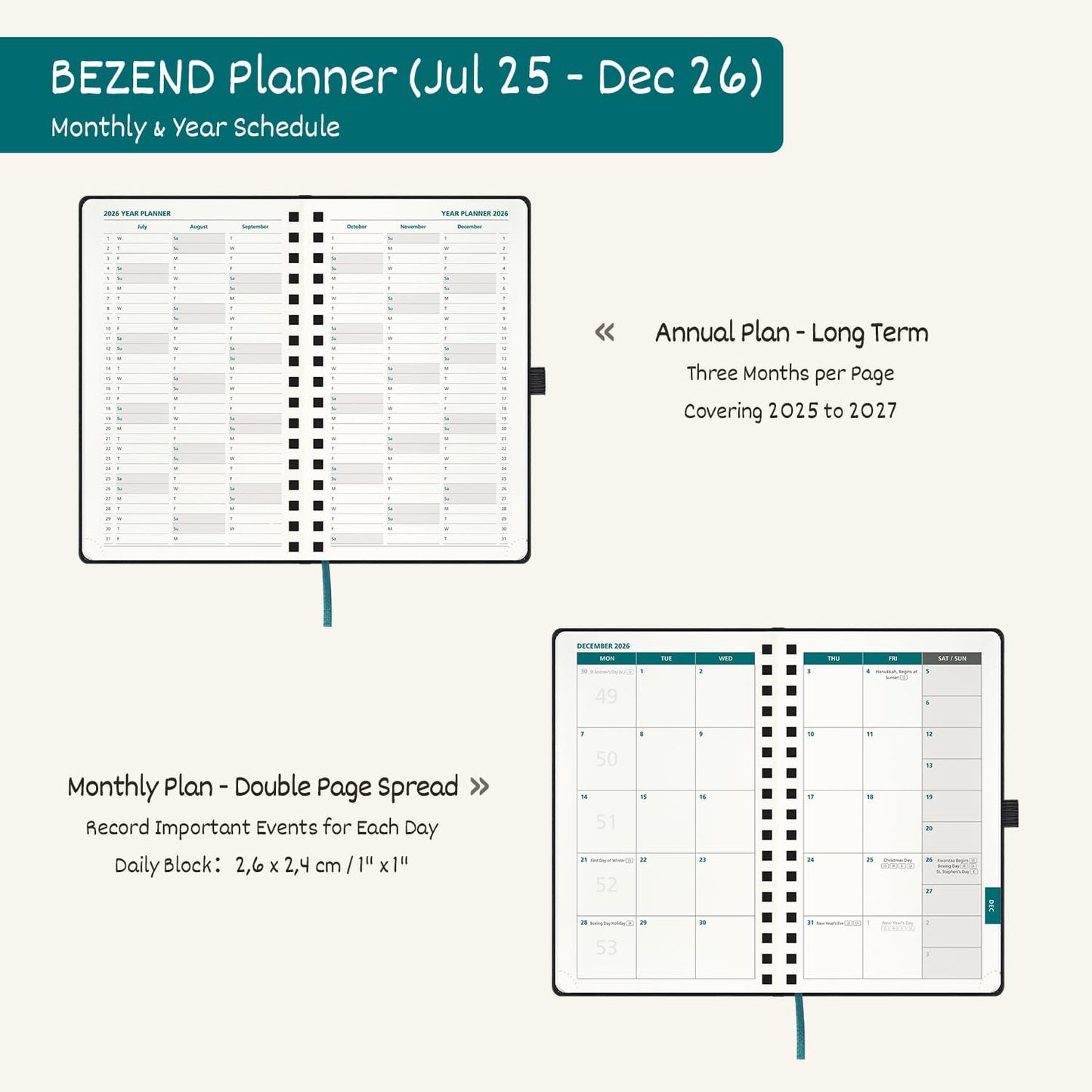 BEZEND Pocket Planner 2025-2026 Weekly with 2 Columns, 18-Month Academic Calendar (Jul 25-Dec 26), Life Work App., Storage Pocket, Pen Holder, PU Leather Softcover 3.5" x 6" Spiral - Evergreen