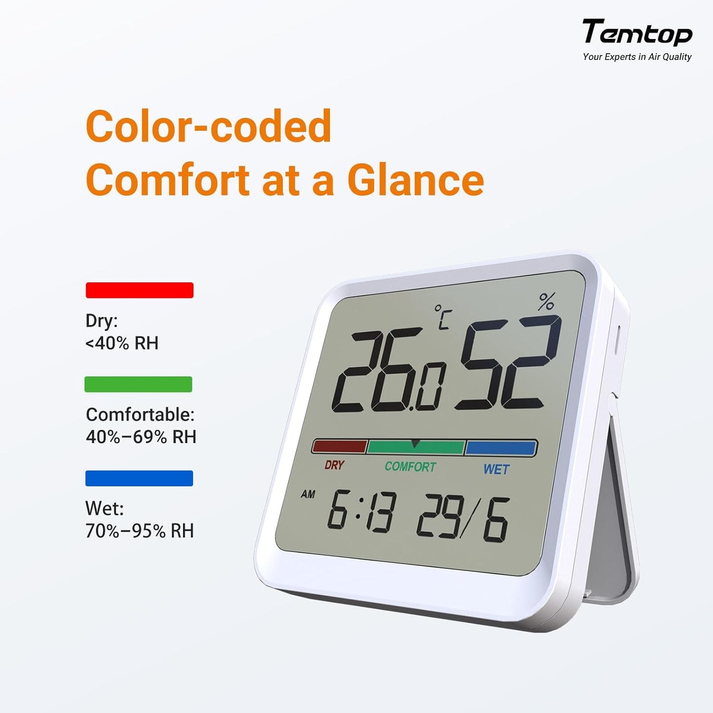 Temtop Indoor Thermometer Hygrometer, Precision Digital Temp/Humidity Monitor with Magnet & 3M Sticker, Date & Time, Wall/Magnet/Stand Mount, for Home, Office, Nursery, T1-SE