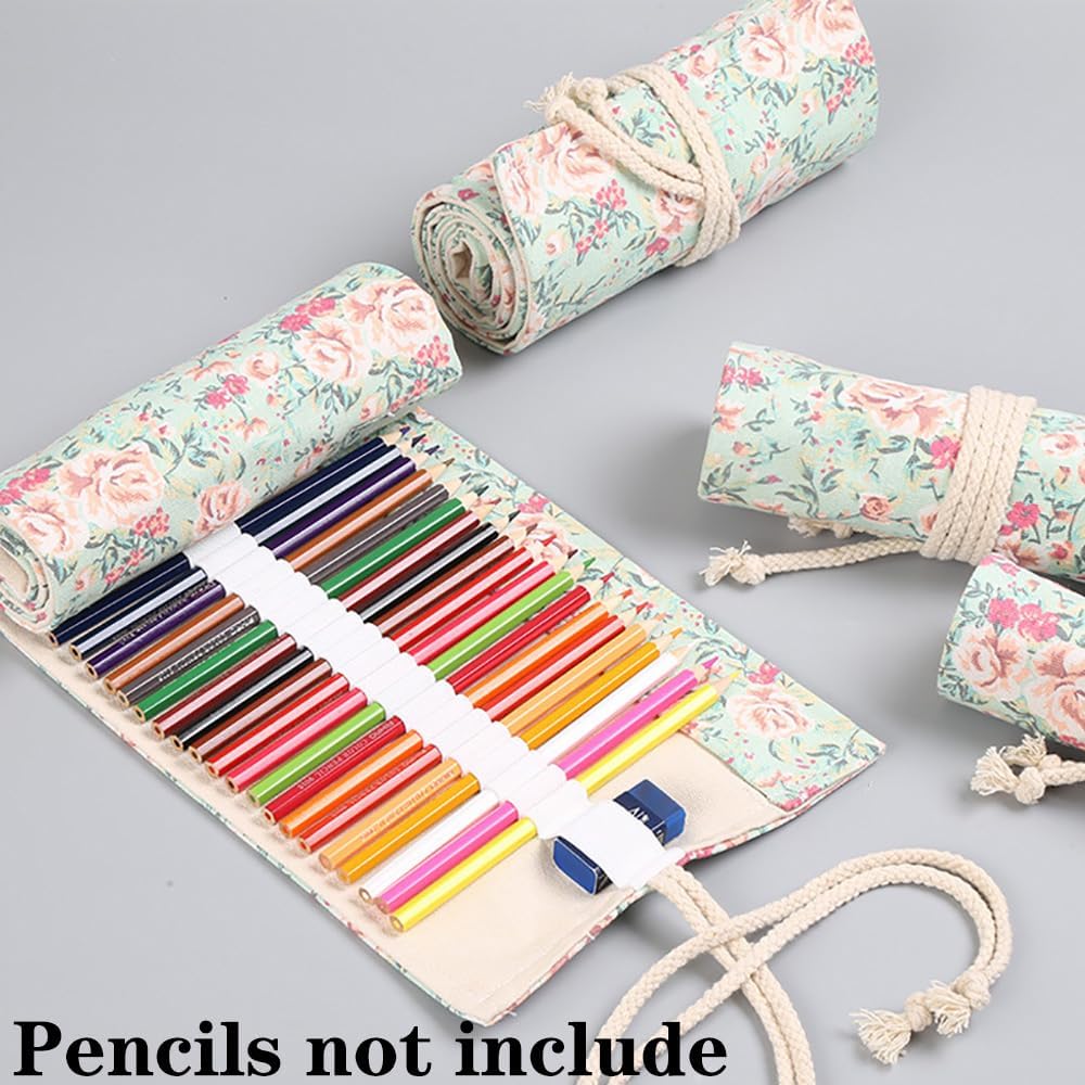 DIYOMR 24/36/72 Slots Pencil Wrap Pencil Rolls, Artist Colored Pencils Roll Up Bag Short Brushes Pouch Case Pencils Organizer for Drawing Coloring and Sketching (Small Floral, 24slots)