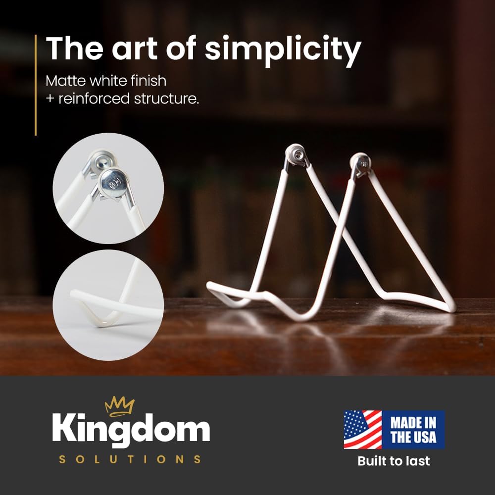KINGDOM SOLUTIONS MADE IN USA 12-Pack Sturdy & Durable Adjustable White Metal Easels to Display Books, Frames, Comics, Plates & More - Unique on the Market