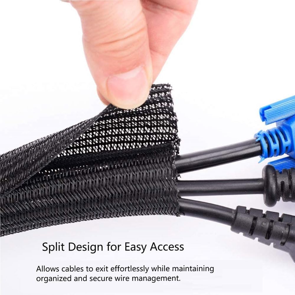 3/8" 50ft Braided Cable Sleeve Split Wire Loom Tubing – Expandable Cord Protector for USB, Power Cords, Audio/Video Cables – Cat Chew Proof, Durable Wire Management Sleeving (Black)