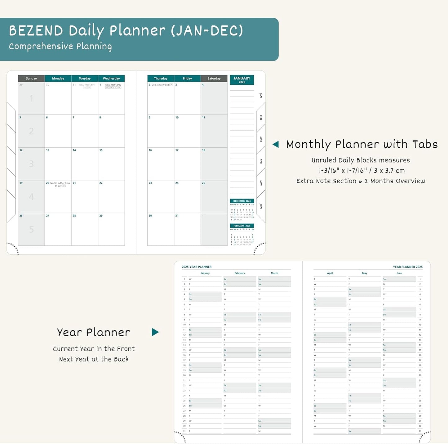 BEZEND Daily Planner 2026 (6" x 8.5") Full Page per Day Even Weekend (Jan-Dec) Monthly Calendar with Tabs, 2 Columns for Dual Schedule with Note, Vegan Leather Hardcover in Evergreen