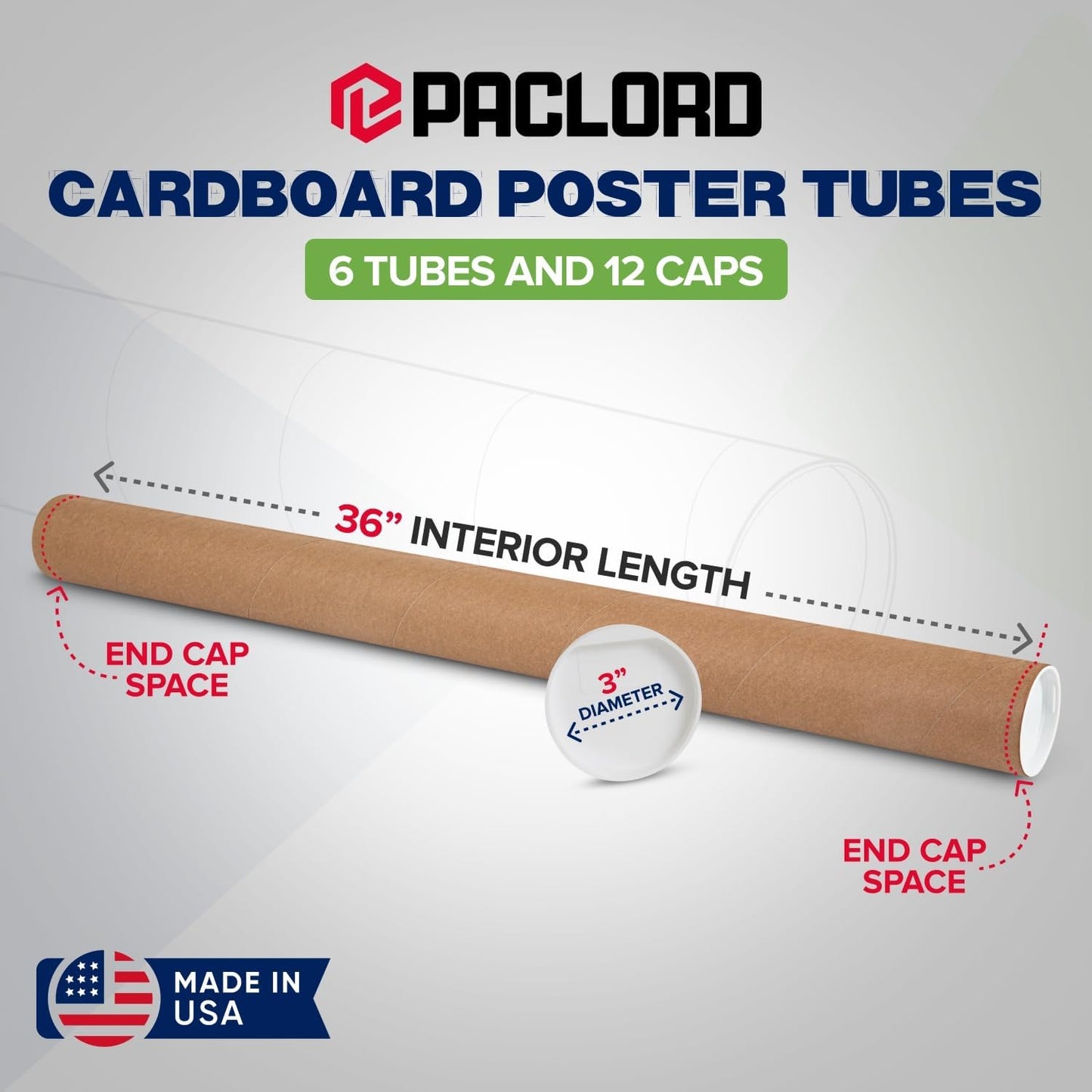 3" x 36" Reinforced Kraft Paper Mailing Tubes, Pack of 6 Tubes with 2 Caps Each – USPS Approved Poster Tube – Made in USA Cardboard Tube for Shipping and Storing Posters, Prints, Artwork, or Documents