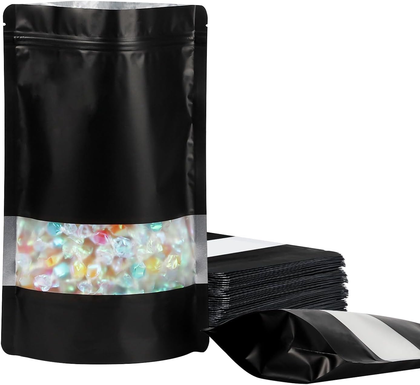 100 Pack Smell Proof Bags, Resealable Mylar Bags with Matte Window, Foil Pouch Stand-up Bags for Food Self Sealing Storage, Scratch Resistant Hand Storage Bags. (Black, 7×10 Inch)