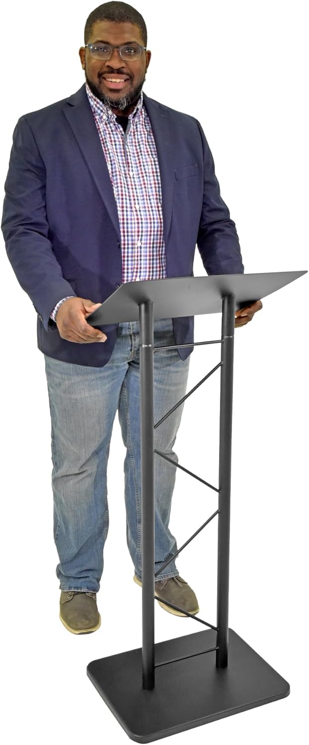 Kingdom KML7B Large Portable Lectern, Stand Up Church Pulpit, Slanted Lectern, Conference Podium for Speakers, Speeches and Other Occasions- Truss Lectern, Black Powder Coat Finish, Metal