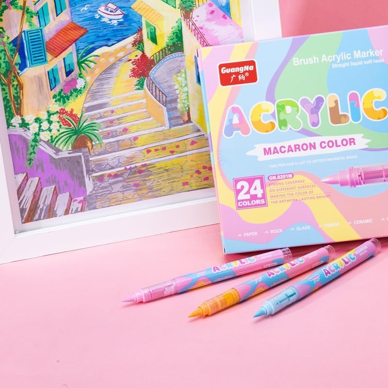 Guangna Water-Based Acrylic Markers Set, 24 Colors acrylic paint markers, Soft Tip Markers, Perfect for Paper, Wood, Rock, Glass, and More, Includes Macaron and Skin Tone