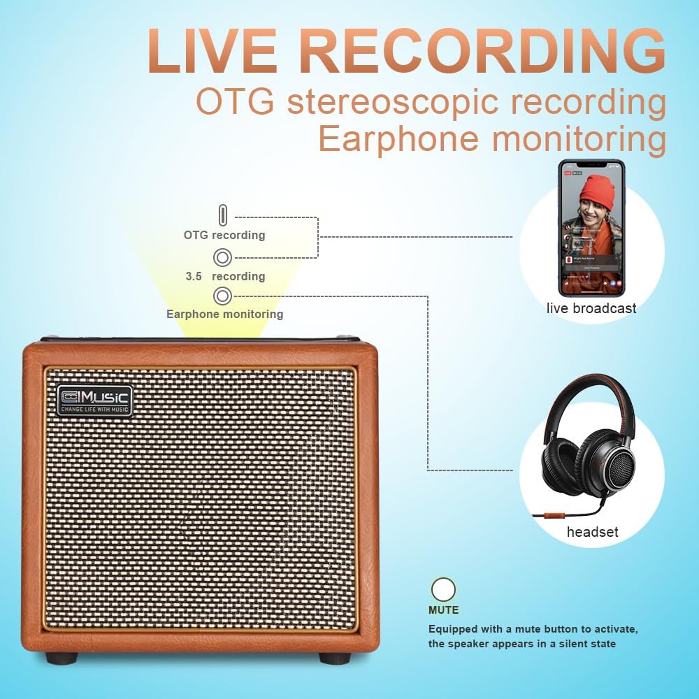 Coolmusic Professional Karaoke Machine Guitar Amplifier with 1 Microphone, Portable Bluetooth Speaker with OTG Supports USB, AUX, Rec, TWS, Part， PA System for Adults/Children