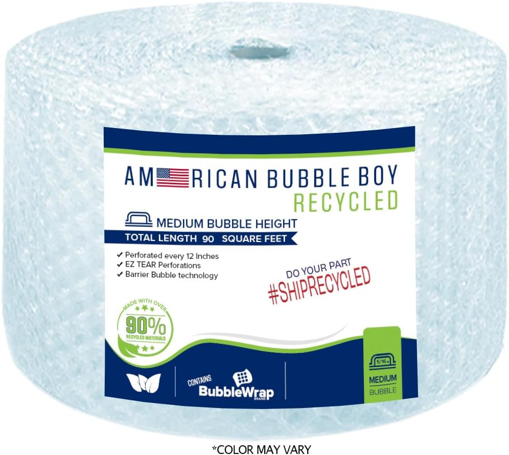 Large roll of 90 Feet of Recycled Medium Bubble wrap for packing, moving and shipping for your business essentials. Eco friendly and made from 90% post-consumer materials by American Bubble Boy