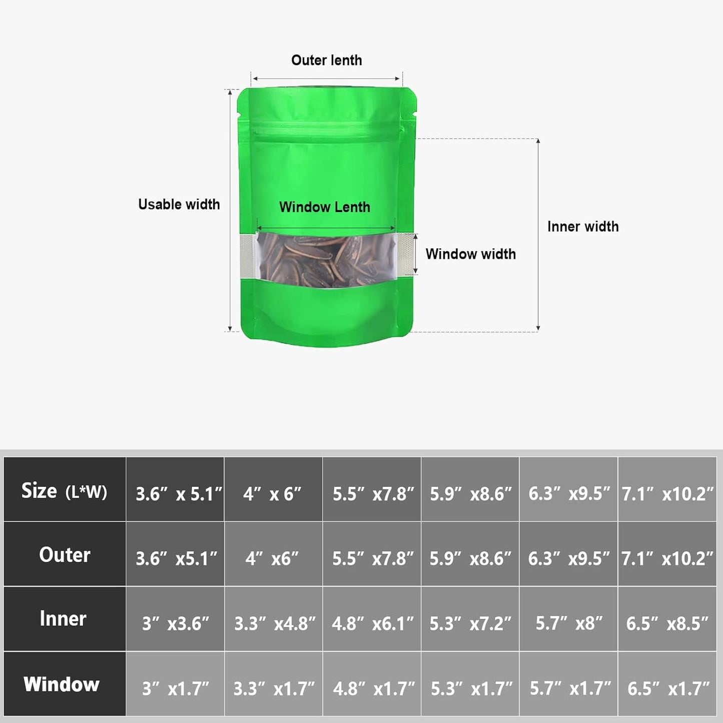 6.3"x9.5" 120pcs Mylar Bags for Food Storage,Smell Proof Bag with Matte Window Resealable Food Storage Bags for Small Business, Stand-up Foil Pouch Packaging Freeze Dried Candy Bag （Green）