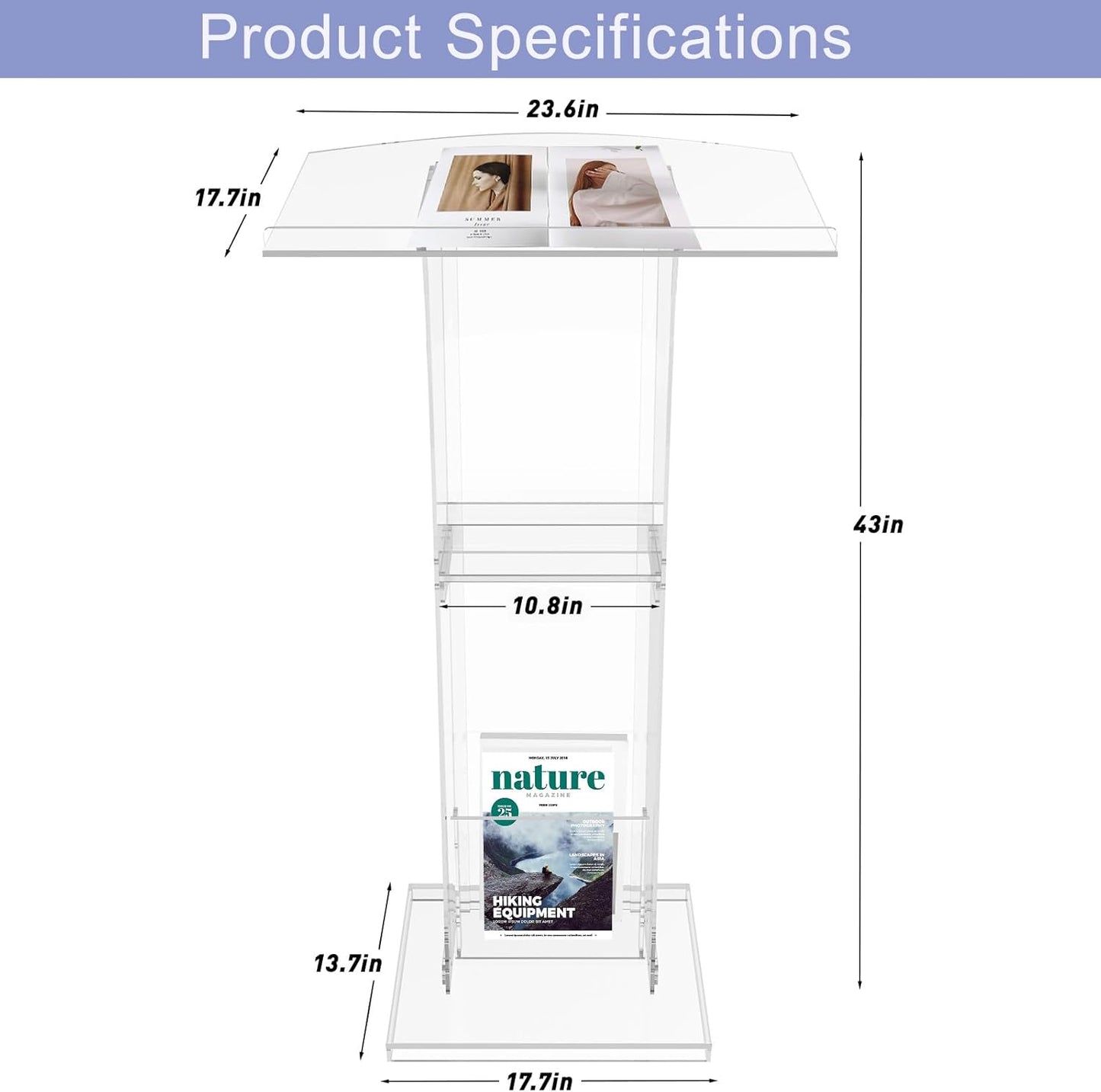 Acrylic Podium Stand With Storage Shelf,Segmented Transparent Lecterns & Podiums,Pulpits For Churches、Conference、Speeches、Weddings、Classroom、Concert,43" H Professional Presentation Podiums