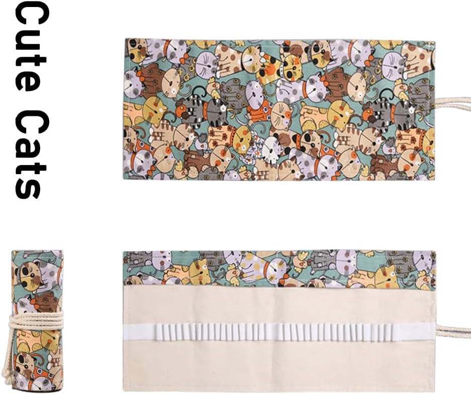 DIYOMR 24/36/72 Slots Pencil Wrap Pencil Rolls, Artist Colored Pencils Roll Up Bag Short Brushes Pouch Case Pencils Organizer for Drawing Coloring and Sketching, NO PENCILS (Cuddly Cat, 36slots)