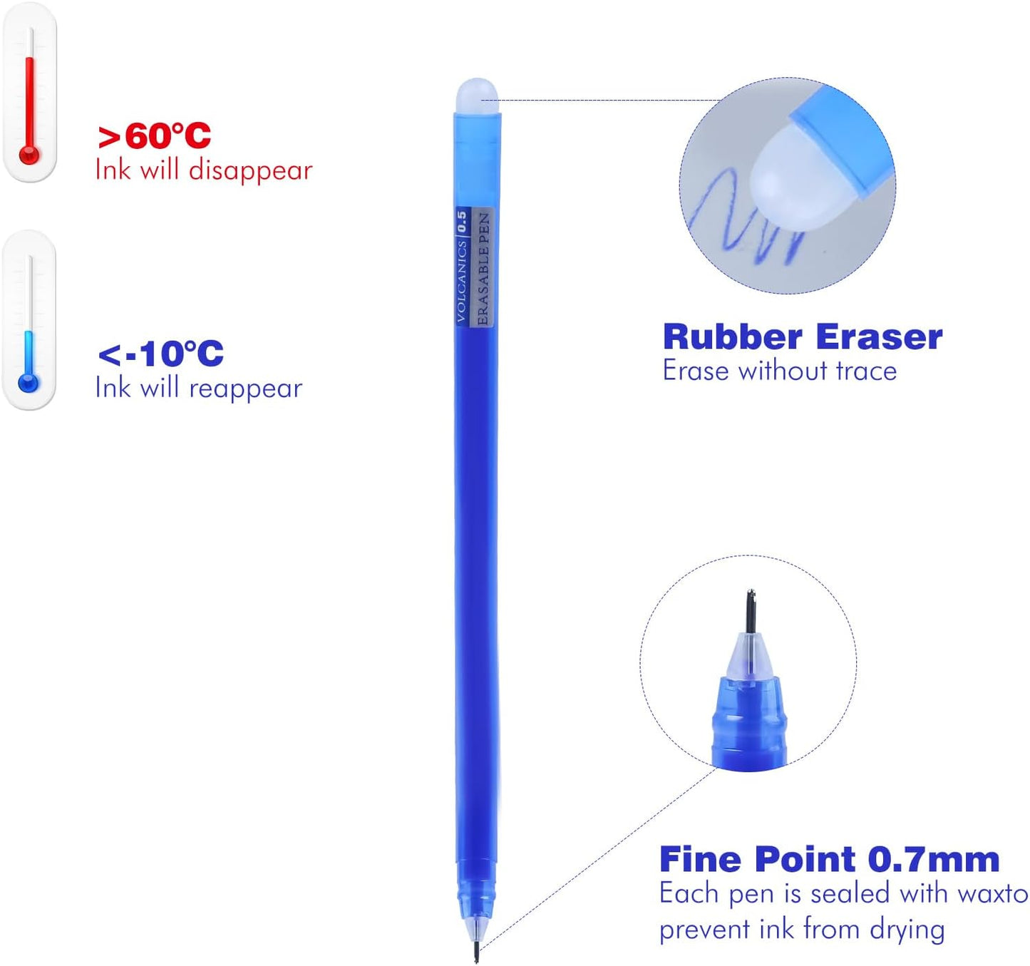 Volcanics Erasable-Gel-Pens Fine Point 0.5 mm, Mistakes Dispear, Black and Blue, 30 Pack Quick-Drying Ink, No Smudge Perfect for School, Office, and Home Use