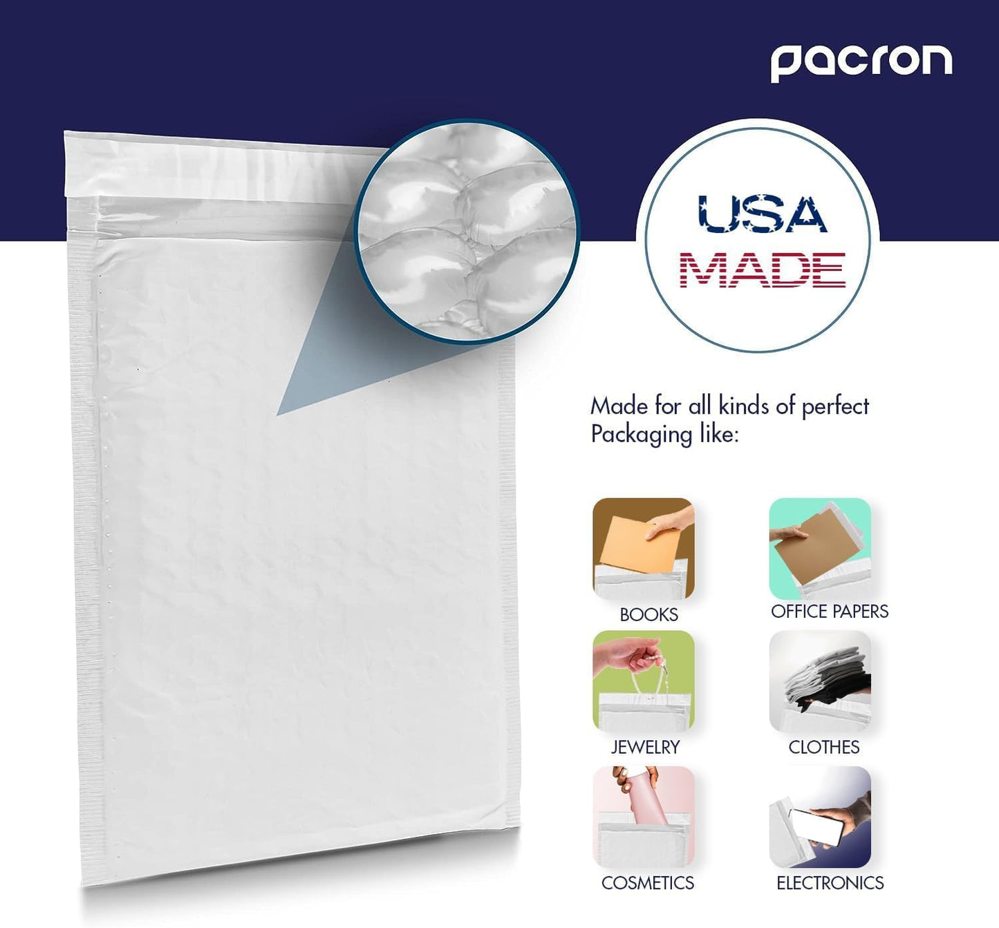 200-Pack Waterproof Poly Bubble Mailers 8.5 x 12 - Thick, Durable, Instant Seal Envelopes with Strong Adhesive - Pacron Protective Shipping Mailers for Jewelry, Cosmetics, SD Cards, USB Cables