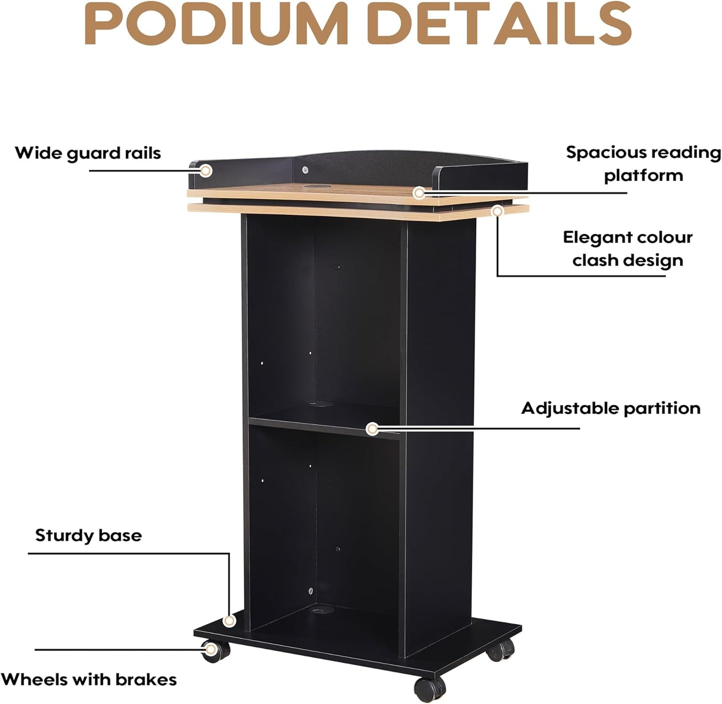 Podium Stand,Wood Podium with Wheels,Lectern with Storage,Mic Stand Space,15MM Particle Board,Wooden Pulpit for Restaurants,Churches,Seminars and Schools