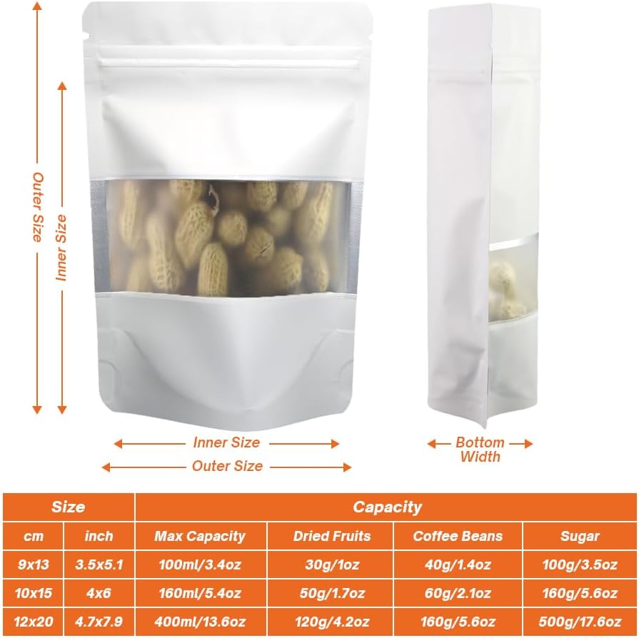 4CP 100 Pcs White Zipper Smell Proof Bags with Window, 3.5x5.0 Inch Stand Up Foil Pouches for Food Selfsealing Storage, Reusable Bag for Packaging Small Business, Cookies, Nunt, Candy