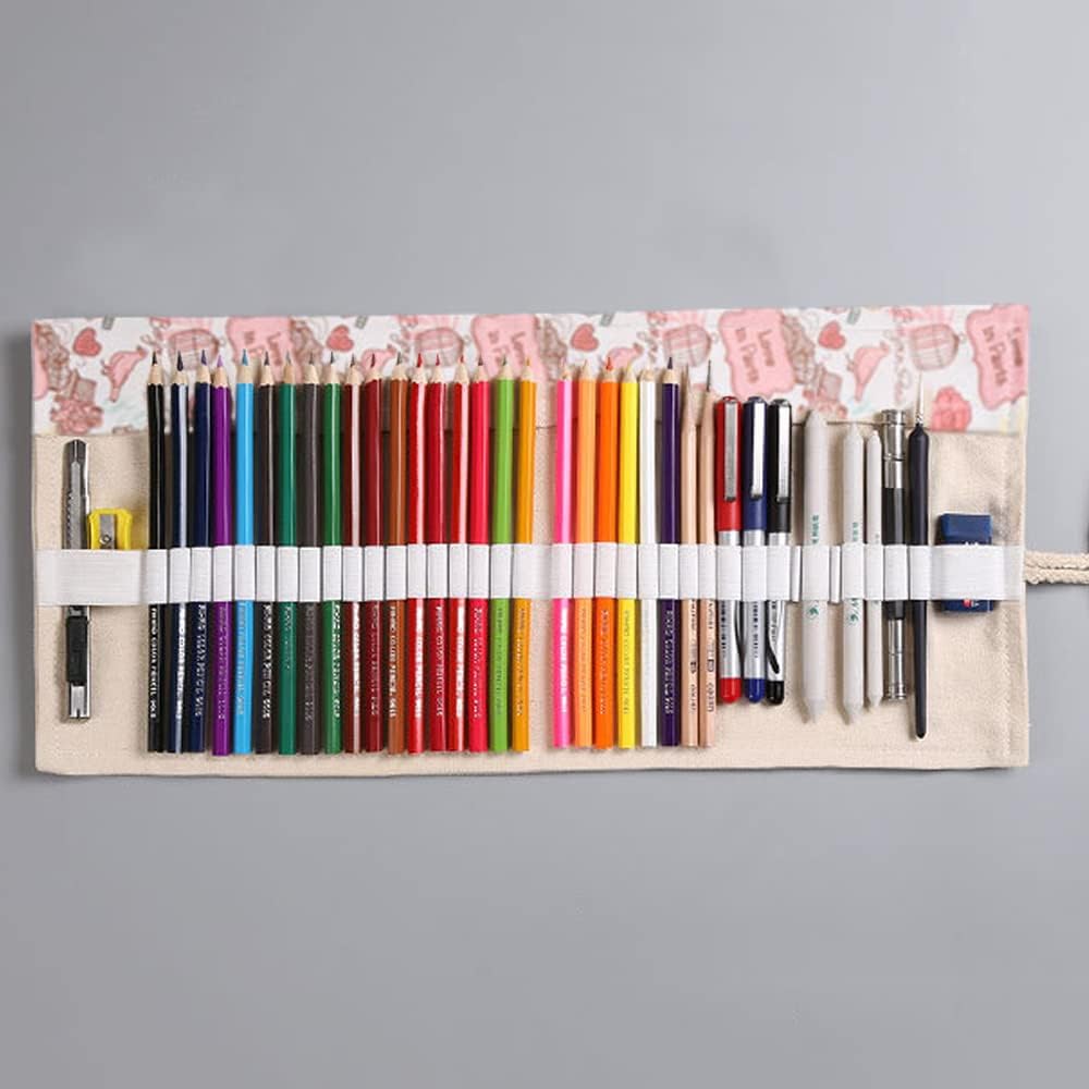 DIYOMR 24/36/72 Slots Pencil Wrap Pencil Rolls, Artist Colored Pencils Roll Up Bag Short Brushes Pouch Case Pencils Organizer for Drawing Coloring and Sketching (Paris Tower, 36slots)