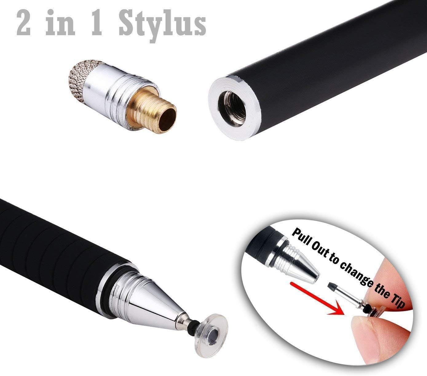MEKO(2 Pcs) [2 in 1 Precision Series] Disc Stylus/Styli for All Touch Screen Devices Bundle with 4 Replaceable Disc Tips, 2 Replaceable Fiber Tips - (Black/Purple)