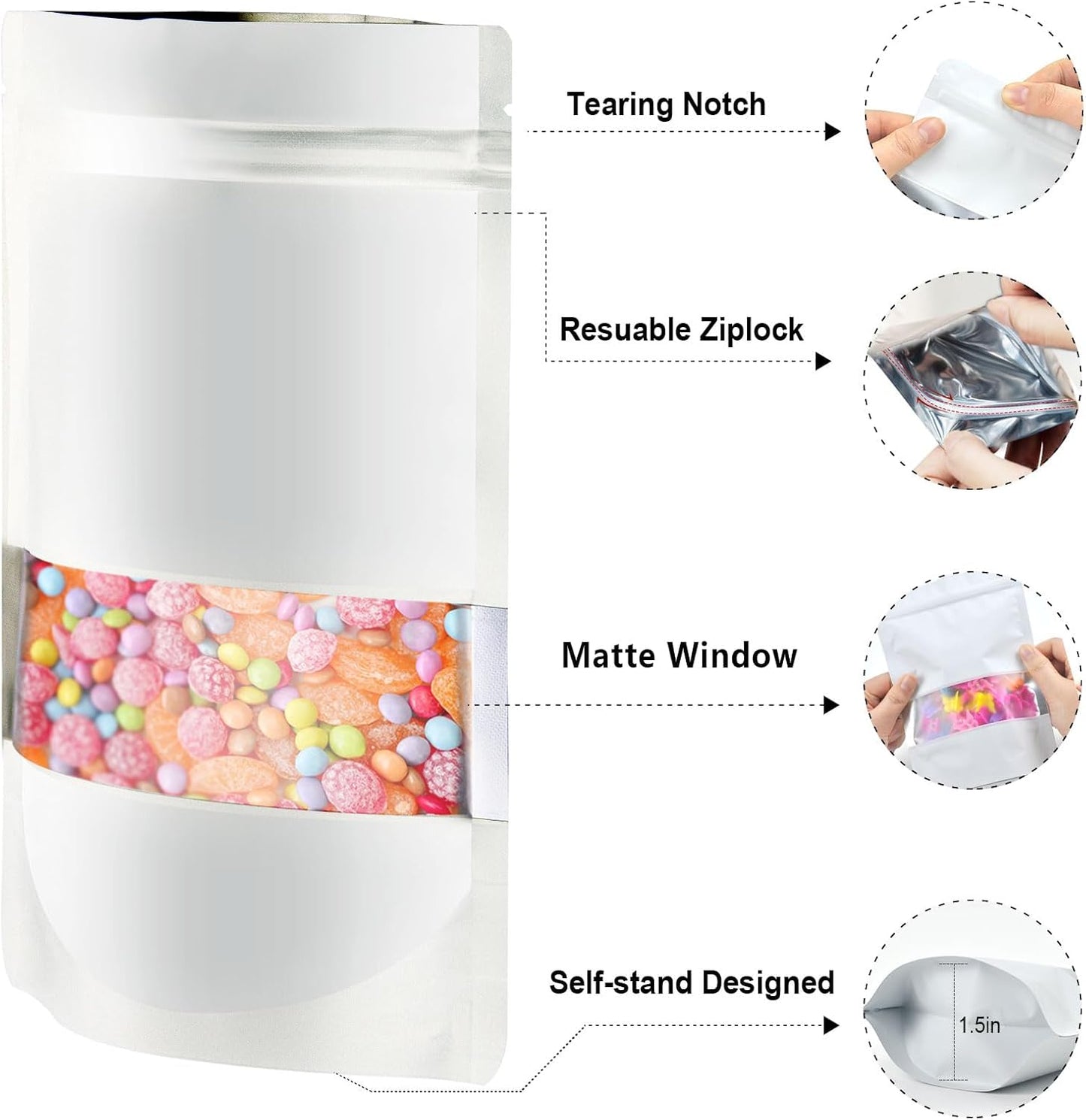 6.3"x9.5" 120pcs Mylar Bags for Food Storage,Smell Proof Bag with Matte Window Resealable Food Storage Bags for Small Business, Stand-up Foil Pouch Packaging Freeze Dried Candy Bag（White）