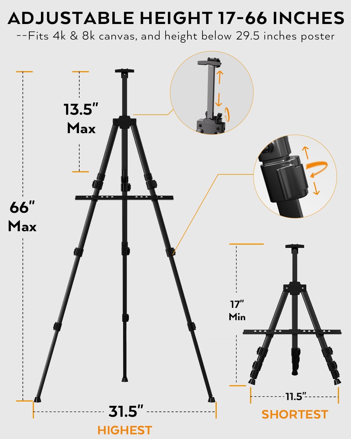 Nicpro Art Easel Stand for Sign - 6 Pack Black Aluminum Tripod Easels, Adjustable Height 17 to 66 inches, for Table-Top/Floor Painting, Display, Poster, Canvas | with Storage Bag