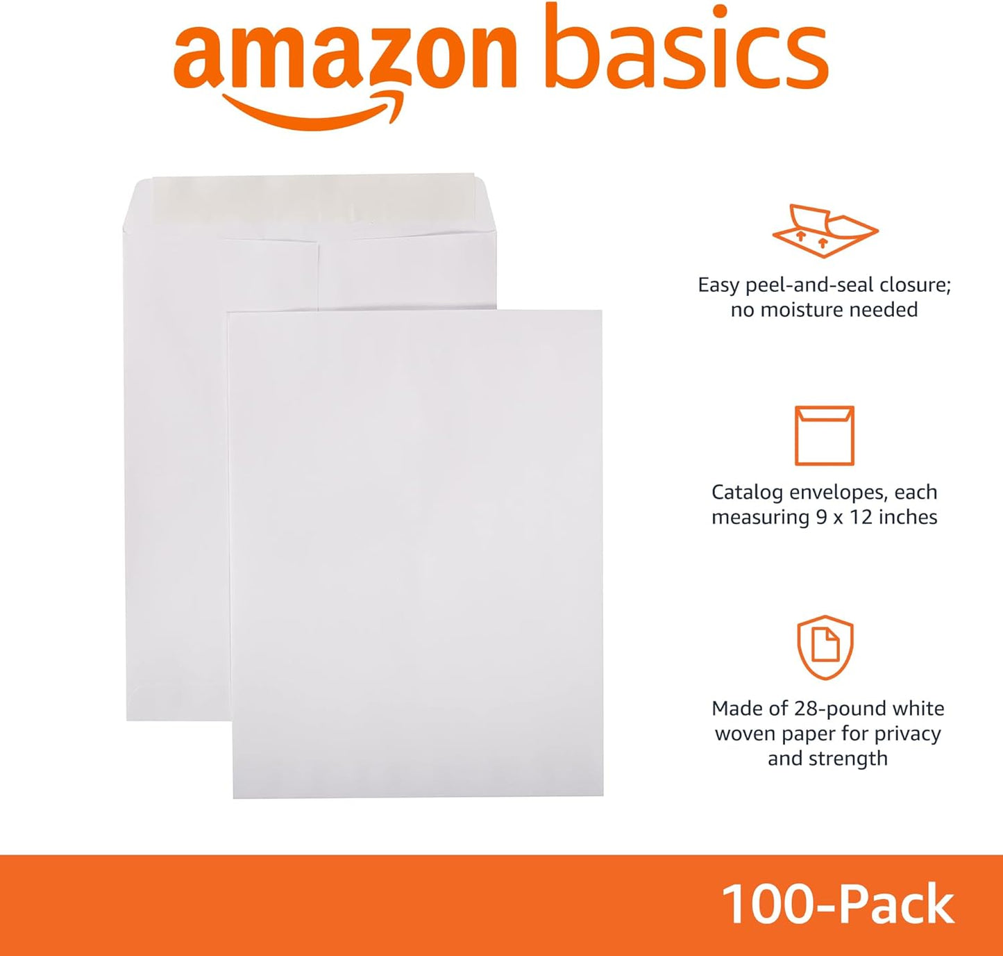 Amazon Basics Catalog Mailing Envelopes, Peel and Seal, 9x12 Inch, 100-Pack, White