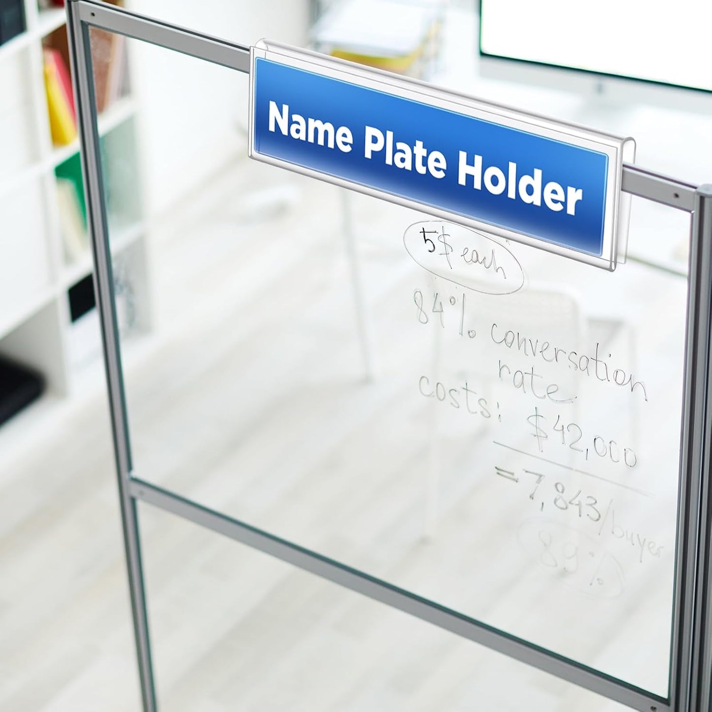 50 Pack Plastic Cubicle Name Plate Holder 8.5" Wide x 2" High Glass Wall Name Plate Holder Clear Acrylic Sign Display Stand for Home Office Business (Suitable for 1/4" Cubicle Wall)