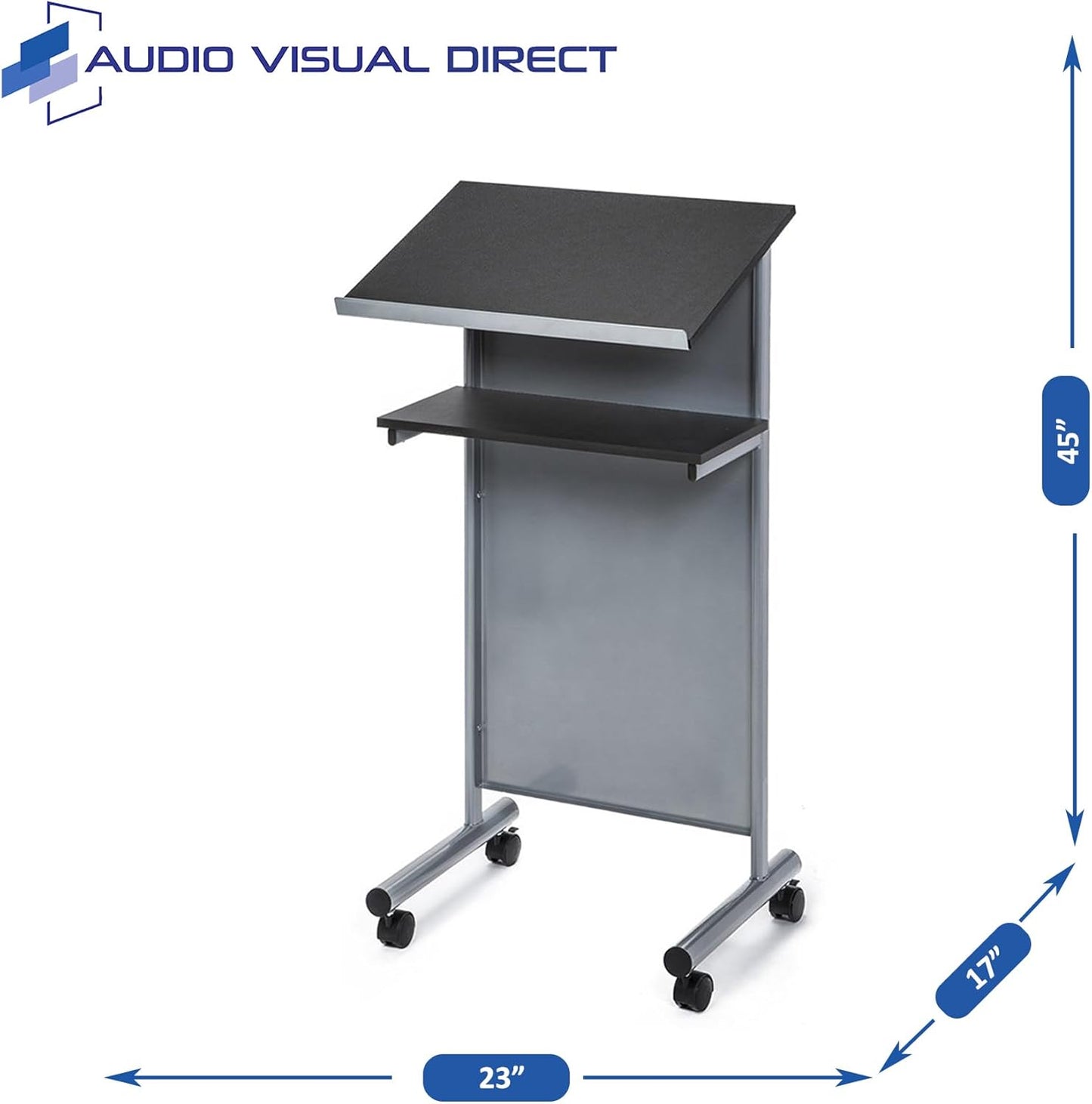 Audio-Visual Direct Wheeled Lectern Podium - Standing Desk with Storage Shelf - Silver/Black - Ideal for Presentations and Laptop Use