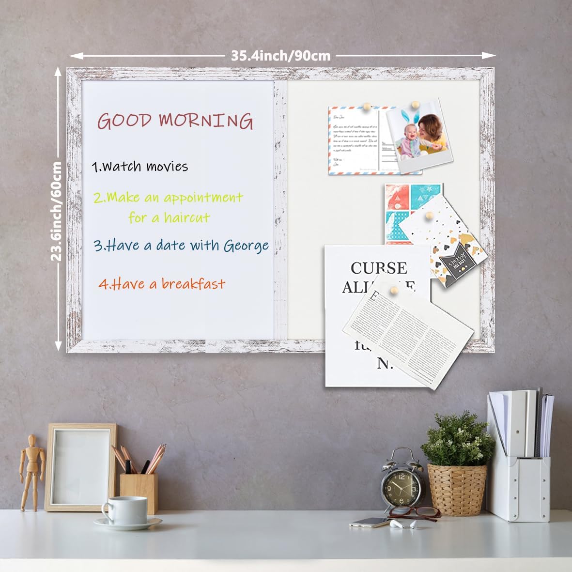 Bulletin Board Whiteboard White Felt Board Combo for Office School Kitchen Bedroom, White Wood Frame,23.6"*35.4",Whiteboard+WH-6090WH