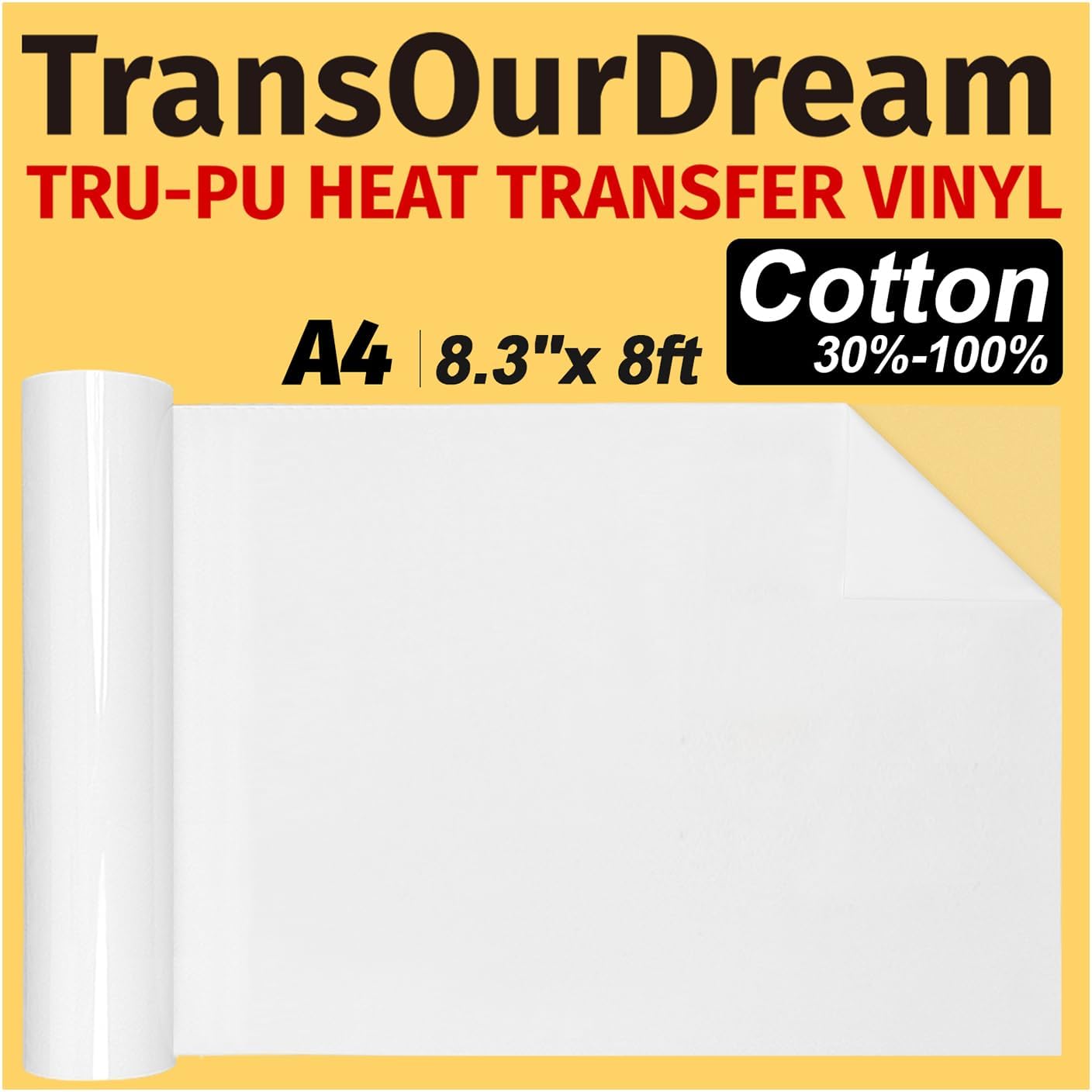 TransOurDream for Joy Xtra, Tru-PU Heat Transfer Vinyl for Joy Xtra, A4 8.3'' x 8ft Matte Whtie HTV Vinyl for T-Shirts, Iron On Vinyl for T-Shirts, Thinner, Soft, Sticky, Factory Outlet, Unprintable