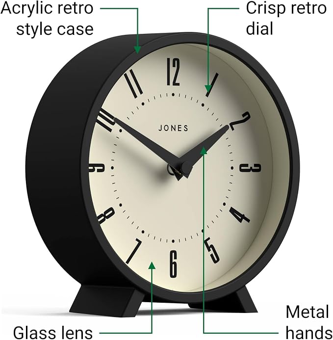 JONES CLOCKS® Venus Desk Clock | Modern Round Design | Black | Stylish Retro - Image 5