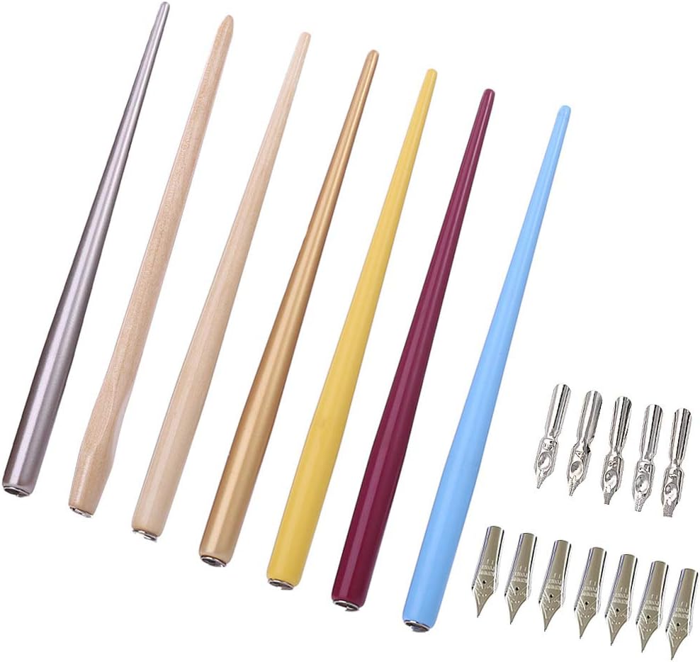 Professional Manga Gothic Pen Dip Pen Calligraphy Drawing Pen Kit, 7 Pen Holders Handles, 12 Nibs (7 Fountain Pen Nib, 5 Flat Nib) - 7 Pcs B