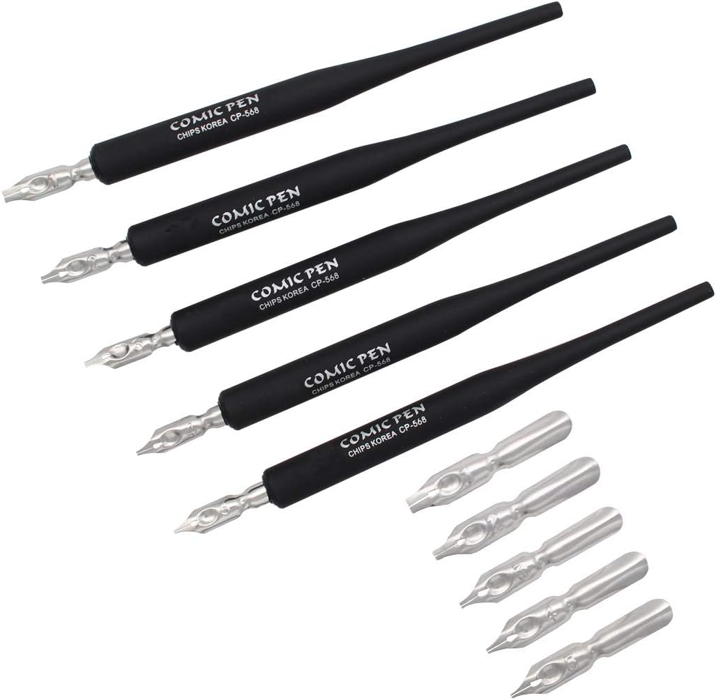 Plastic Professional Manga Gothic Pen Dip Pen Set with 5 Nibs Manga Calligraphy Drawing Pen Kit - 5 Pcs, Black