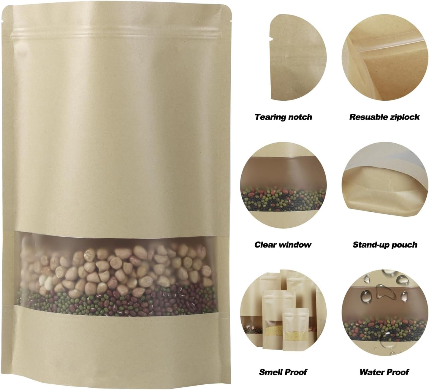 100 Pack Resealable Stand-up Bags With Clear Window for Sealing Storage, Scratch Resistant Hand Storage (Kraft Paper, 710 Inch)