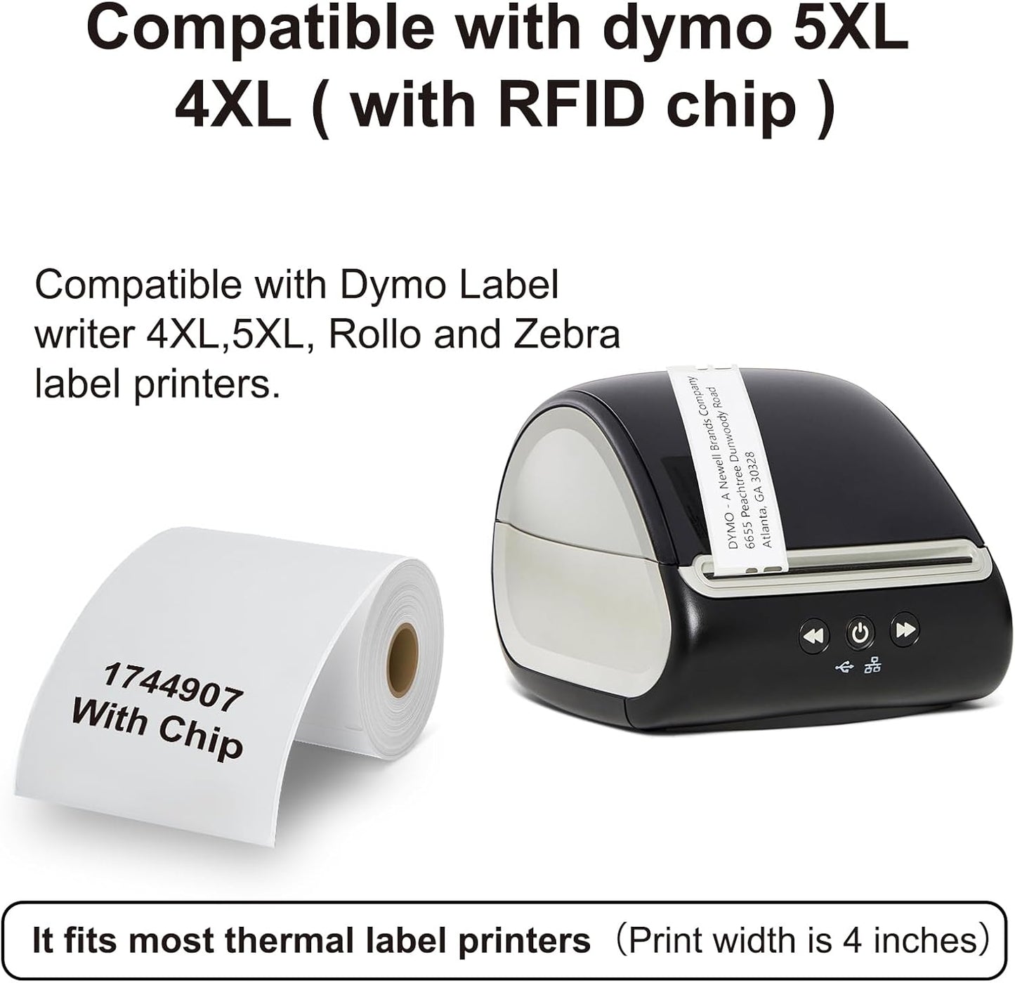 Hehua 10-Roll 1744907 with RFID Chip, 4 x 6 Direct Thermal Printer Shipping Labels, Compatible with DYMO LabelWriter 5XL 4XL LW Extra-Large Internet Postage Labels, 4" x 6" Size, Total 2200 Quantity