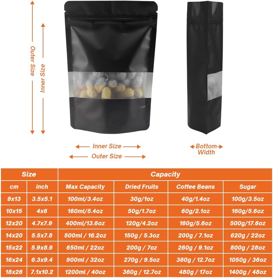 Black Smell Proof Packaging Bags,Mylar Clear Bags for Food Storage,Sealable Bag for Packaging,Stand Up Pouches with Window,ReSealable Bag for Small Business,Cookies,Candy