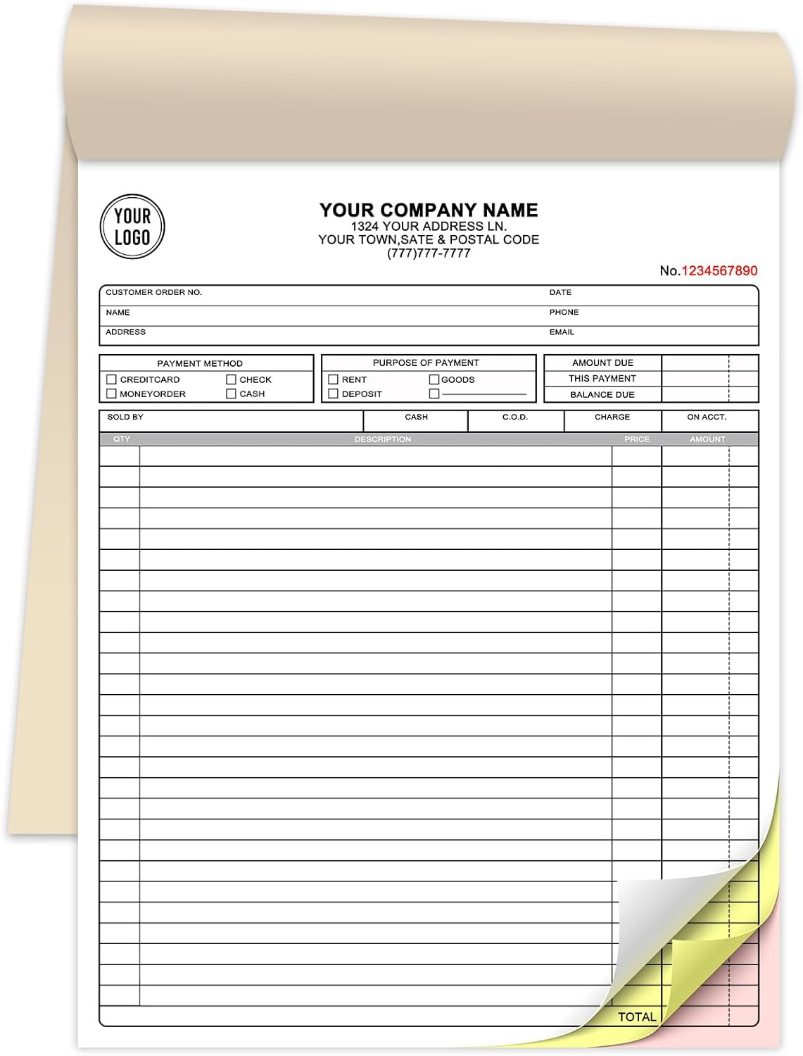 Custom 8.5" x 11" Invoices Receipts Carbonless Books in 3-Part Duplicate Personalized Company Address Name Phone Number 50 Sets
