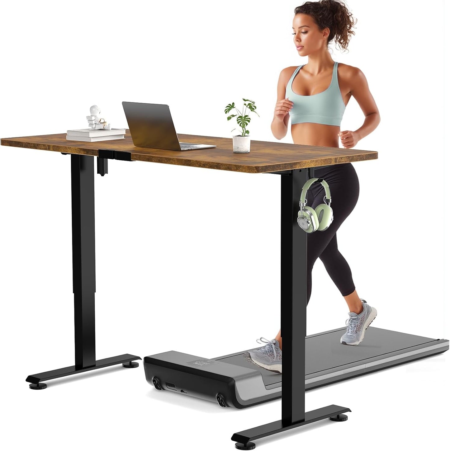 Veken 55 Inch Large Electric Standing Desk, 4 Memory Heights Adjustable,Sit to Stand Up, Work Home Office Computer Table for Study, Walking Pad, Writing, and Games, Wooden Desktop Desks, Brown