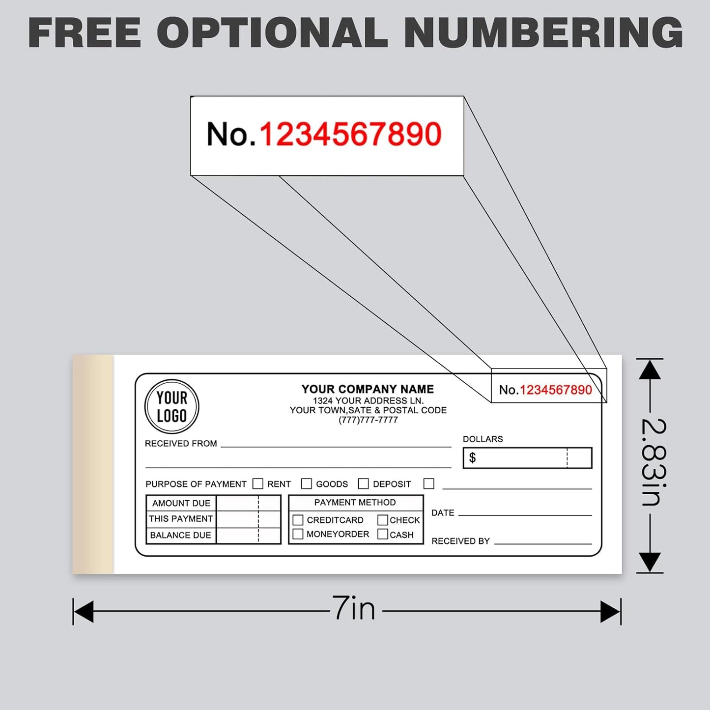 Custom Invoices Receipt Book for Small Business Personalized 2-Part Duplicate Carbonless Logo Receipt Books Sales Payment Forms with Company Name Address Phone Number 100 Sets 2.83" x 7"