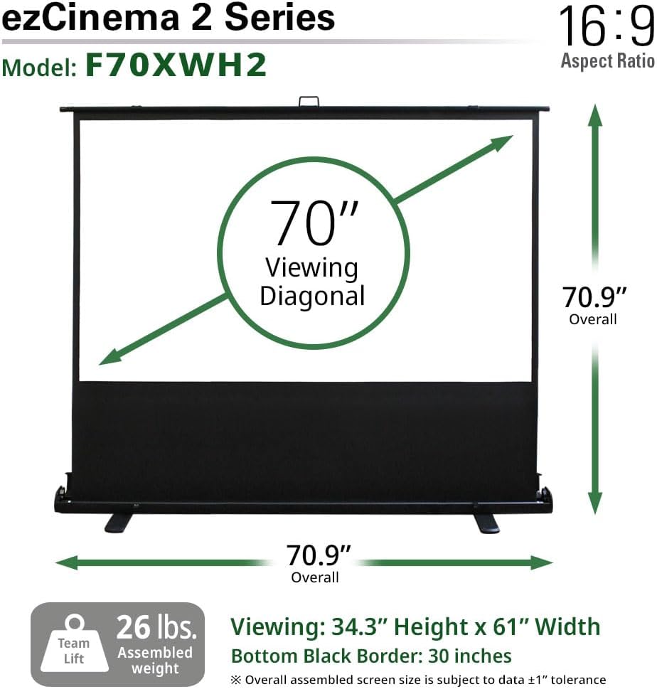Elite Screens ezCinema 2, 70-inch 16:9, Manual Floor Pull Up Scissor Backed Projector Screen, Portable Home Theater Office Classroom Projection Carrying Bag, US Based Company 2-Year Warranty, F70XWH2