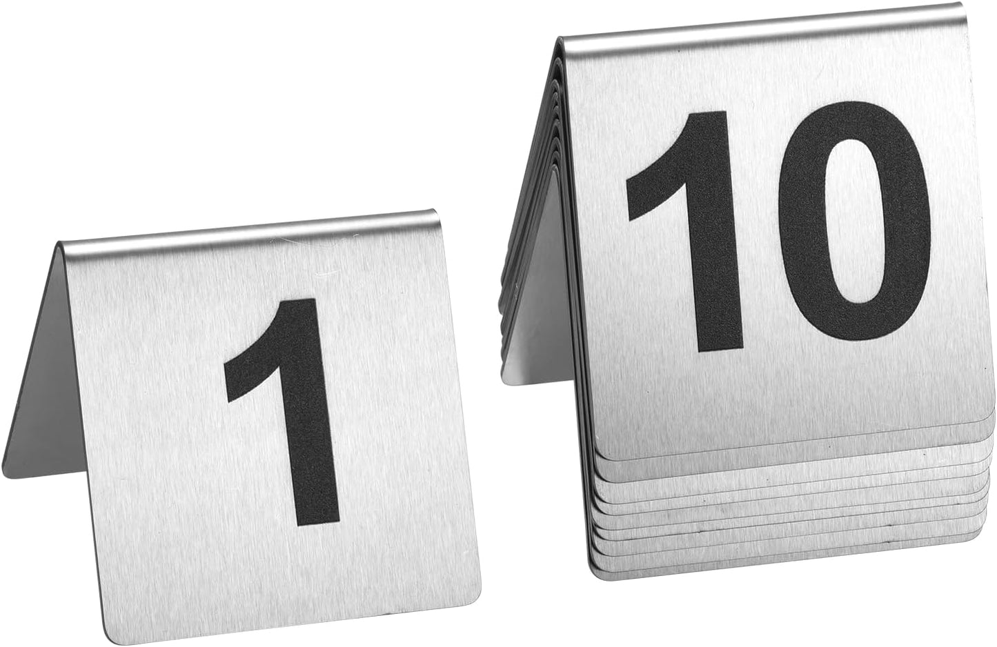 Stainless Steel Table Numbers 1-10, 2.76 x 2.76 Inch Tent Style Number Signs, Heavy-Duty Metal Table Number Cards for Restaurant, Cafe, Hotel, Large Clear Numbers, Waterproof and Rustproof