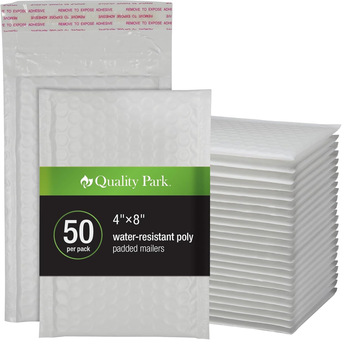 Quality Park Bubble Mailers, 4 x 8 Shipping Envelopes, Self-Seal, Durable White Padded Envelopes, Redi-Strip Peel Off Closure, 50 Per Box (QUA85929)