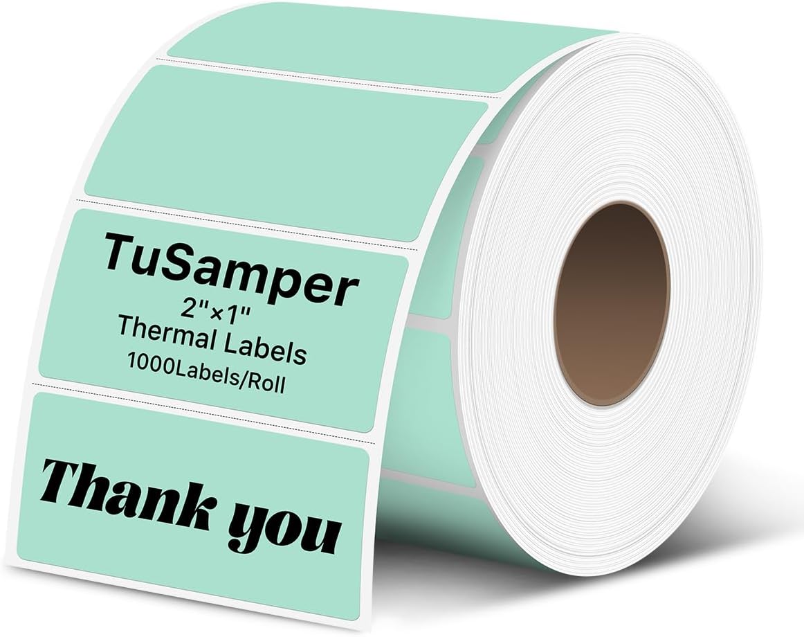 2×1 Inch Thermal Labels Sticker Self-Adhesive Label Paper Green Direct Thermal Printer Stickers with Perforation Line 1000 Sheets/Roll