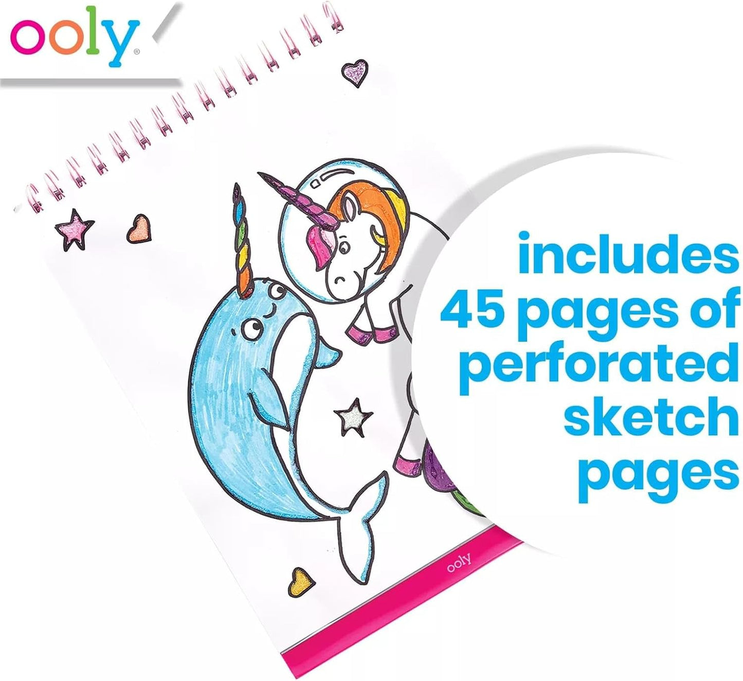 OOLY Sketch and Show Standing Sketchbook with 45 Large 10.5 x 8 Perforated Pages, 120 GSM/ 32lb Perfect for Markers, Colored Pencils, Back to School Supplies - Cute Doodle World