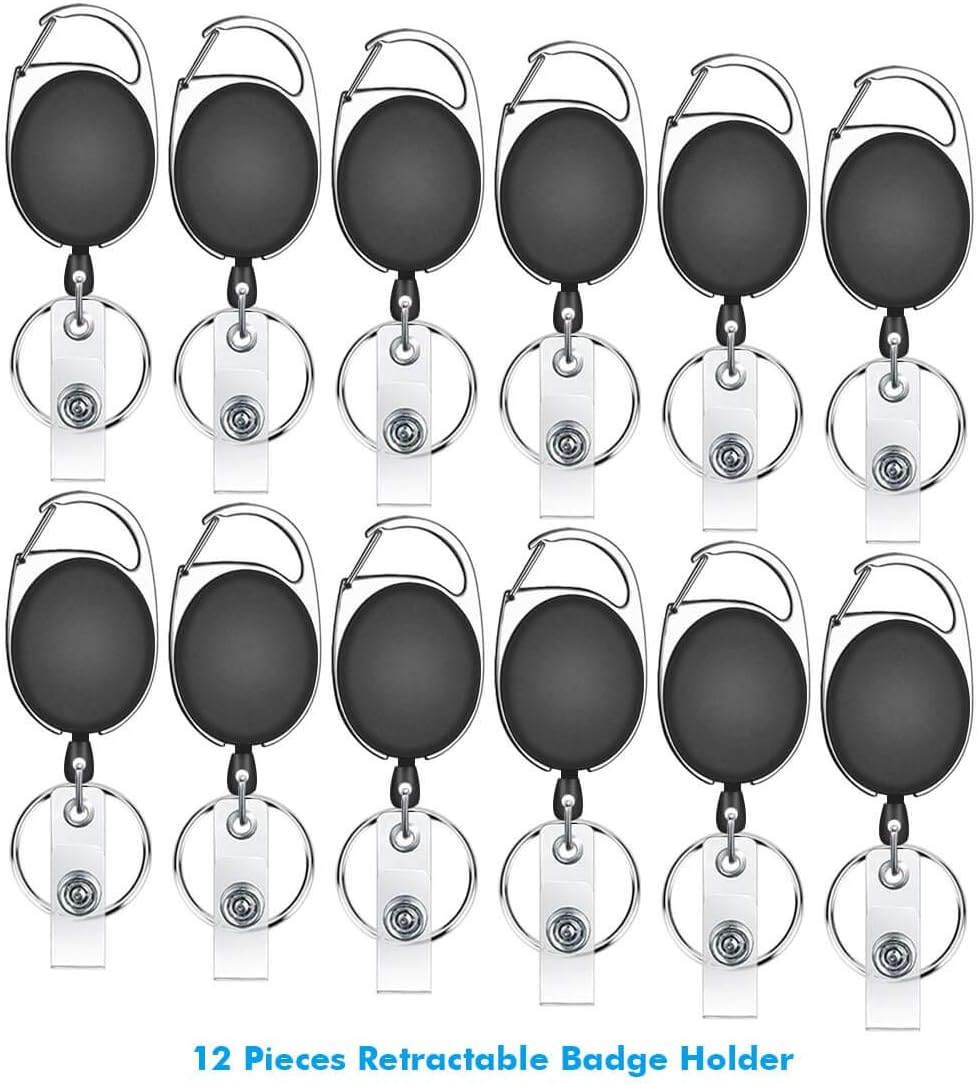 12 Pcs Badge Reels Retractable Bulk ID Badge Holders Lanyards with Carabiner Reel Clip for Keys, Retractable Key Chains for Key Name Card Holder