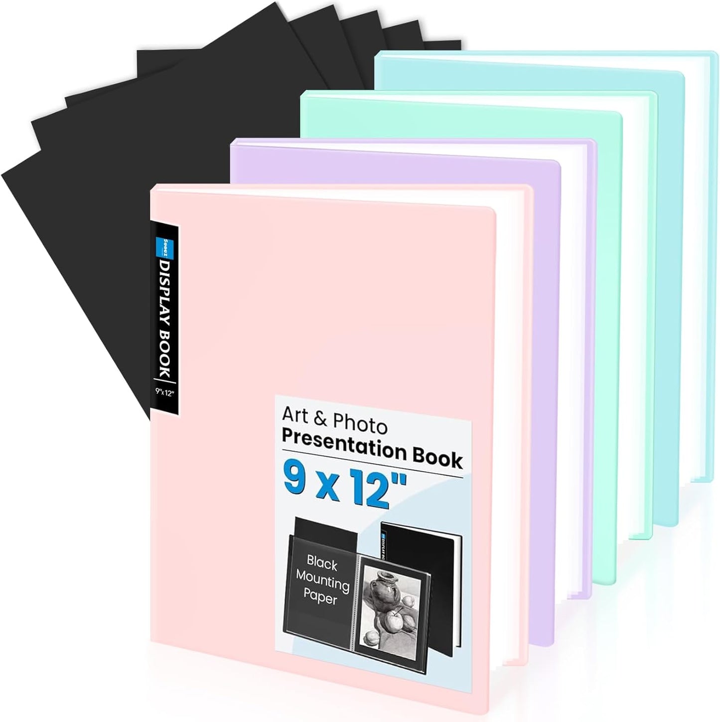 Sooez Art Portfolio 9x12, 30 Pockets with 30 Black Paper, Binder with Plastic Sleeves, Display 60 Pages, Presentation Book for Artwork, Folders Binder for Office School