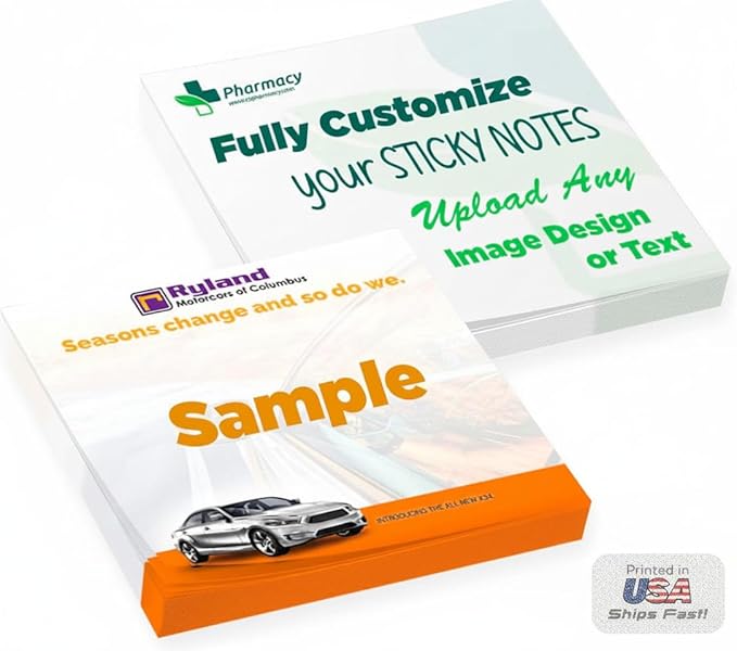 Personalized Sticky Notes with Text or Logo, 25 Sheets Customized Memo Pads by CUSTOMIZE123