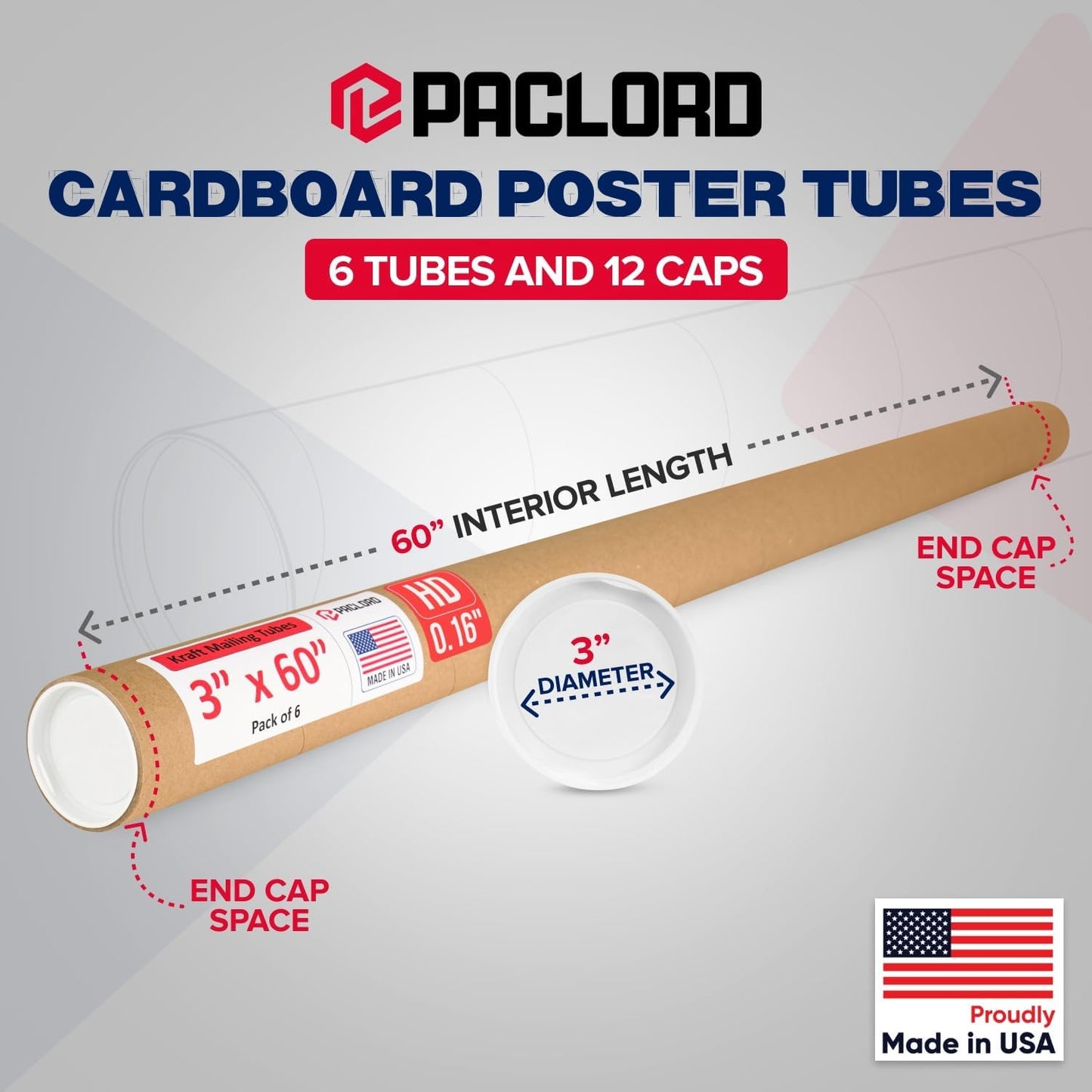 3" x 60" Heavy-Duty Reinforced Cardboard Mailing Tube, Pack of 6 Tubes with 12 Caps – Secure USPS Approved – Great for Shipping and Storing of Prints, Artwork, Posters or Documents